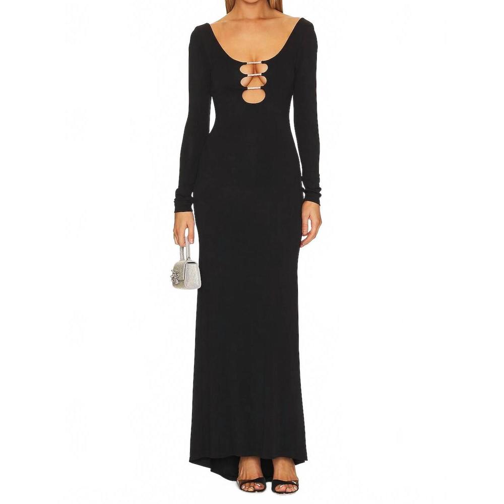 NEW ALICE + OLIVIA kalena plunge crystal jersey cut out maxi dress in black